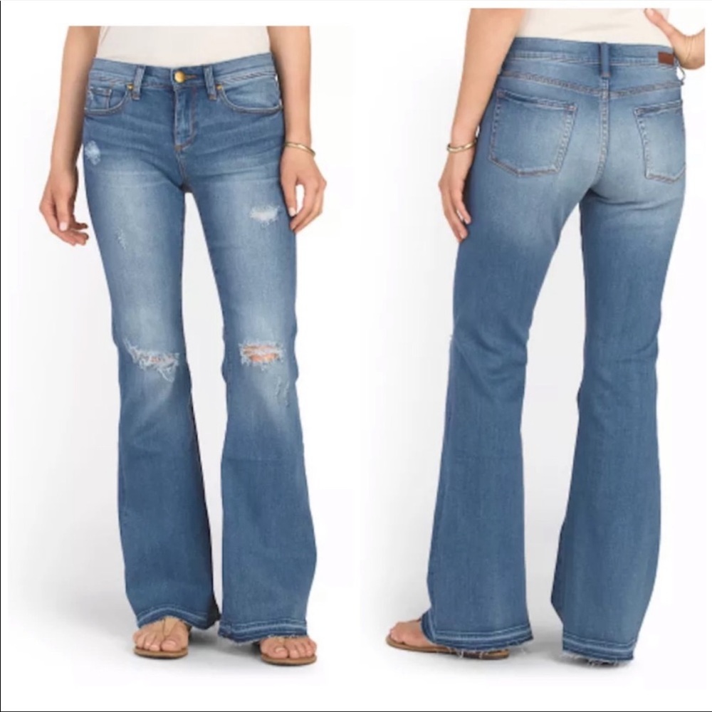 Grey wire NY flared denim jeans distressed